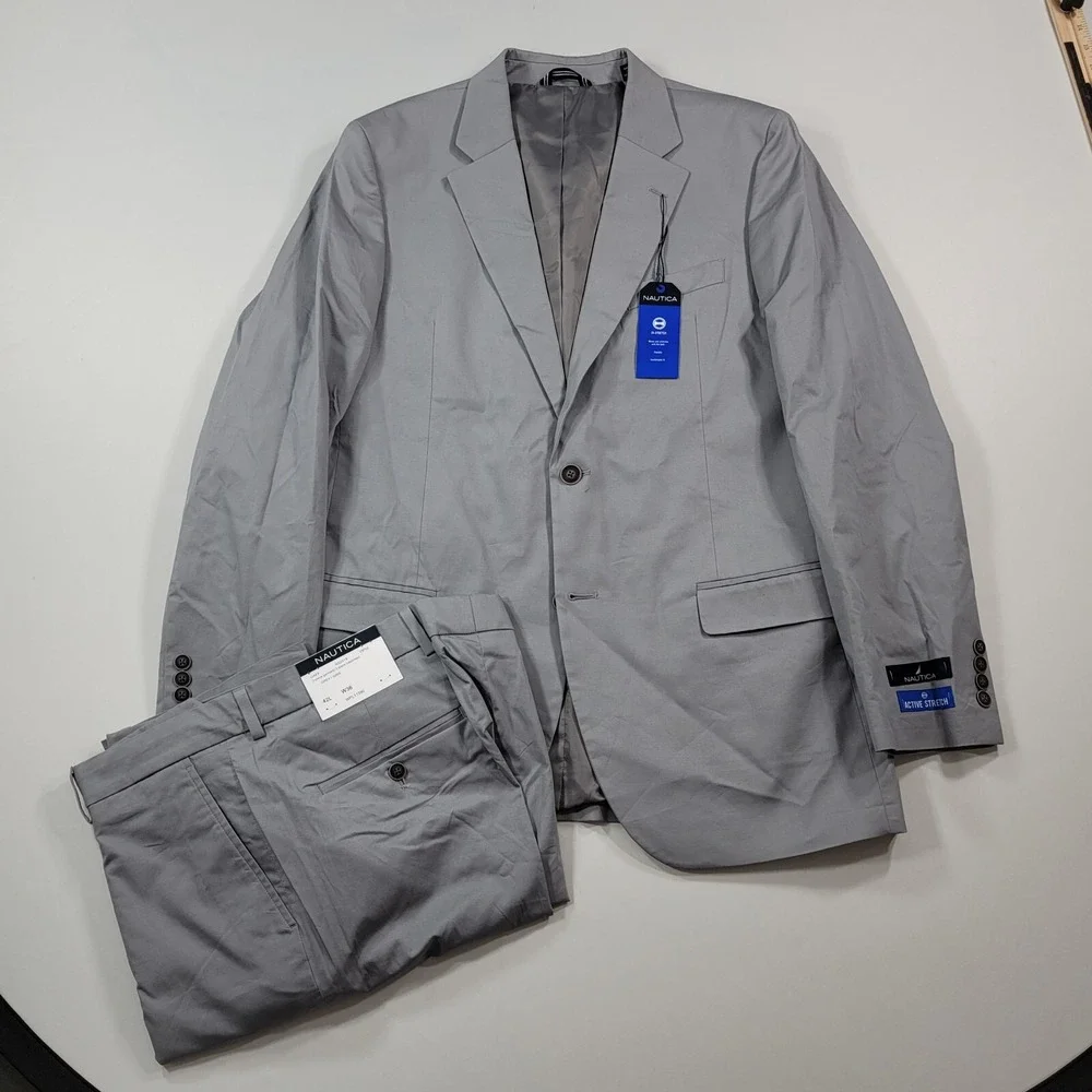 Nautica Cotton Suit‎ Mens 42L 2 Piece Pants 36x32 Modern-Fit Stretch Grey NEW